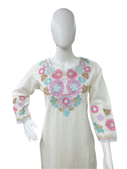 Flex Cotton 3-Piece Set with Embroidered Flowers on Neck, Straight Kurta with Pant & Dupatta - White