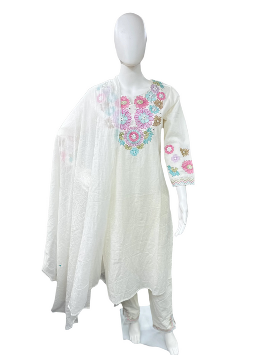 Flex Cotton 3-Piece Set with Embroidered Flowers on Neck, Straight Kurta with Pant & Dupatta - White
