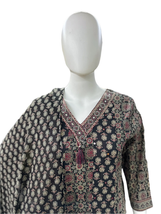 Black Cotton Anarkali in Ajrakh Print with Lace Work and Dupatta