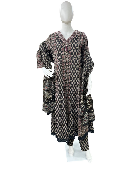 Black Cotton Anarkali in Ajrakh Print with Lace Work and Dupatta