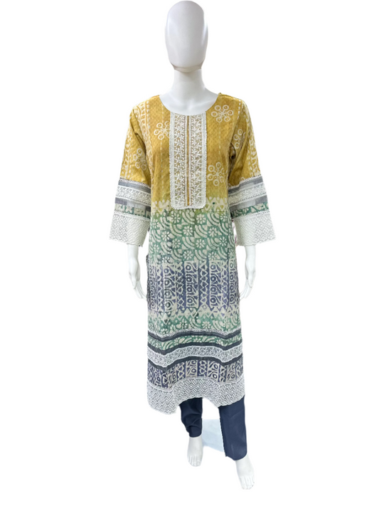 Cotton Dual Shade 3-Piece Set with Lacework - Mustard & Grey