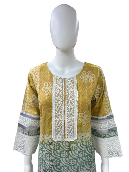 Cotton Dual Shade 3-Piece Set with Lacework - Mustard & Grey