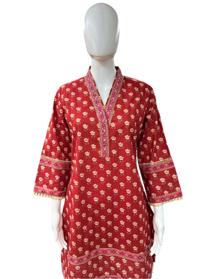 Floral Cotton 3 Piece Palazzo set - Red