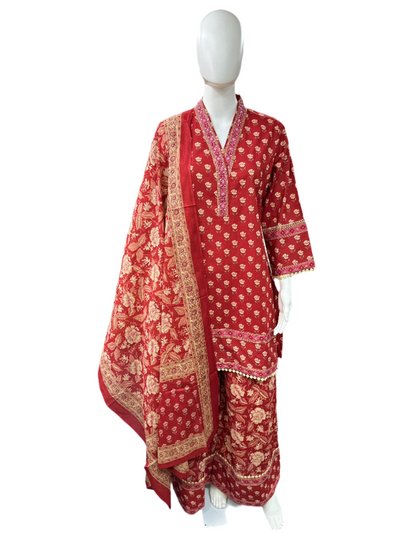 Floral Cotton 3 Piece Palazzo set - Red