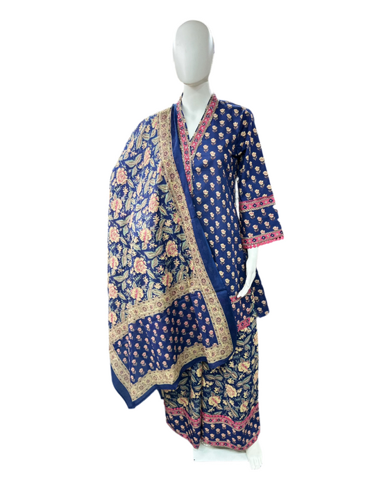 Floral Cotton 3 Piece Palazzo set - Blue