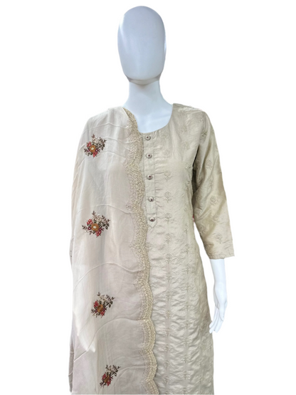 Pure Mal Chanderi 3 Piece Set - Beige