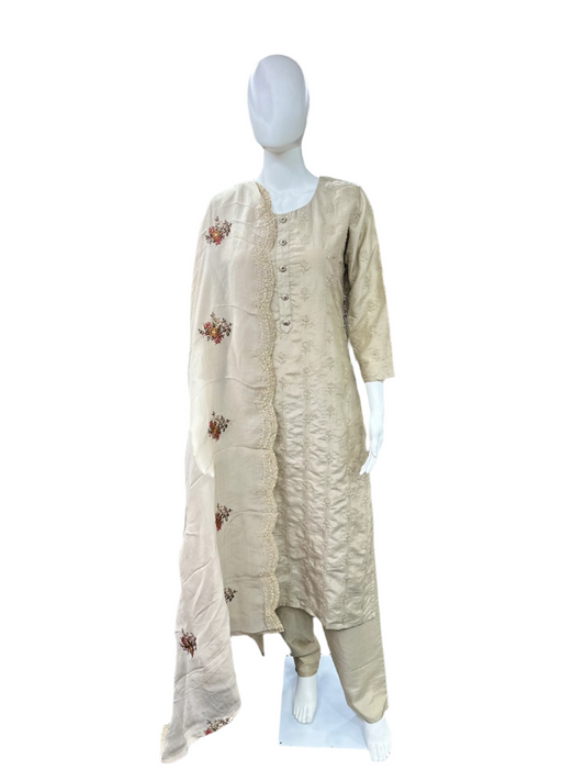 Pure Mal Chanderi 3 Piece Set - Beige