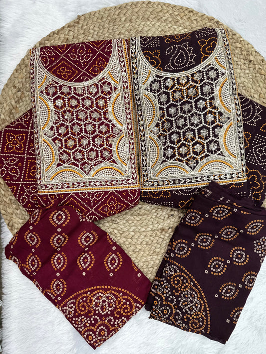 Unstitched Rayon fabric with Bandhani print and Sequence patch work on neck