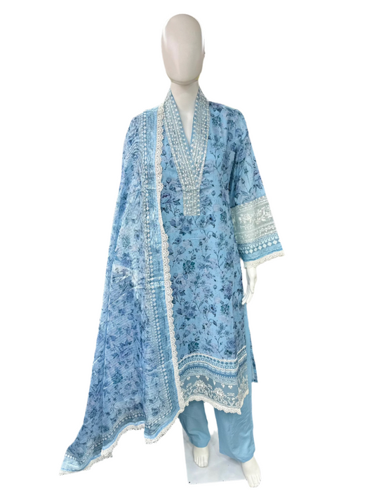 Cotton 3-piece dress with Bell Sleeves, Lace details, and Kota Doria Dupatta in Vibrant Blue