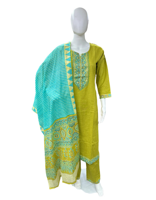 Slub Cotton 3 Piece Set with Lacework - Green