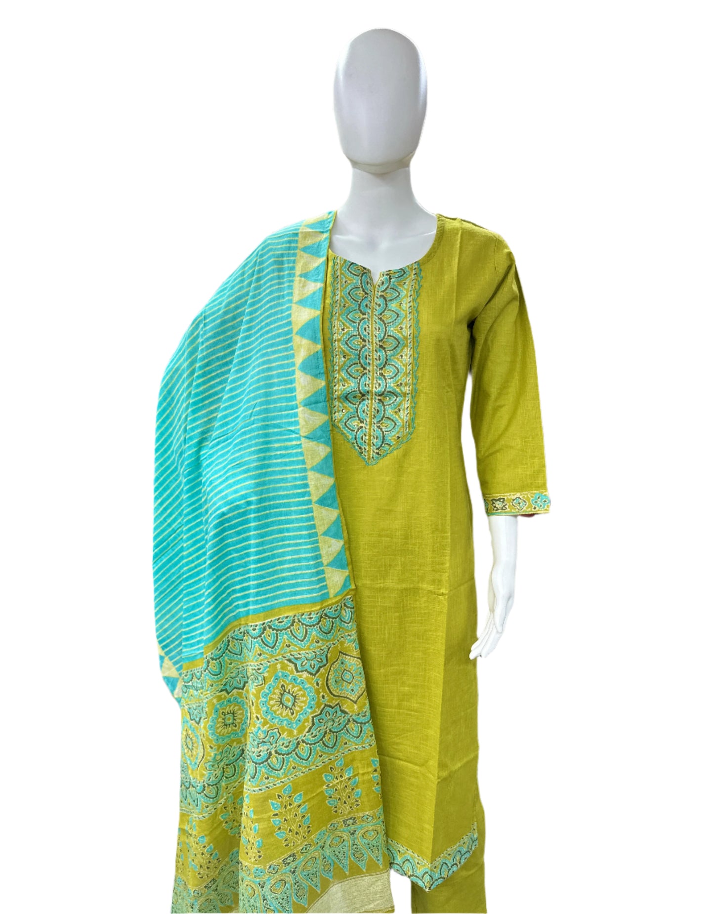 Slub Cotton 3 Piece Set with Lacework - Green