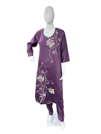 Viscose Muslin Floral Embroidery Work 3-Piece Set - Purple