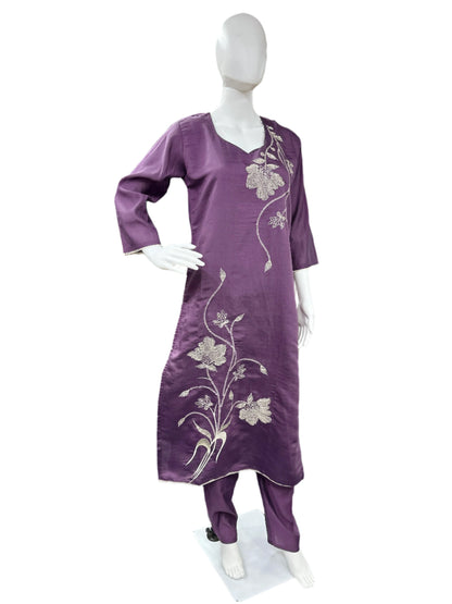 Viscose Muslin Floral Embroidery Work 3-Piece Set - Purple