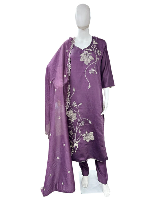 Viscose Muslin Floral Embroidery Work 3-Piece Set - Purple