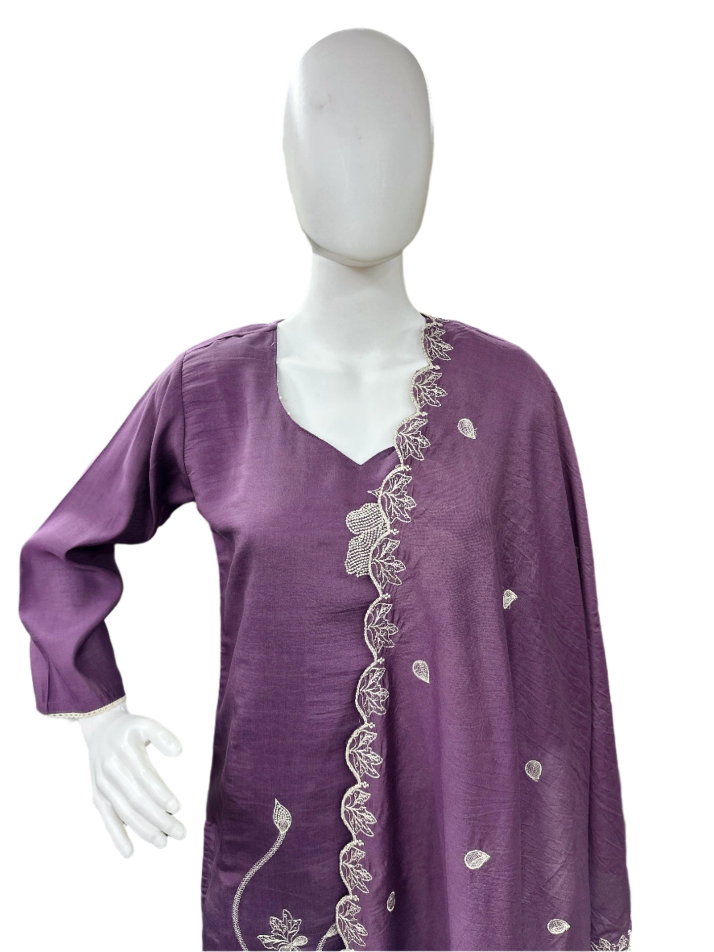 Viscose Muslin Floral Embroidery Work 3-Piece Set - Purple