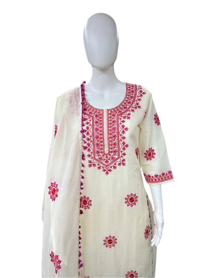Cotton 3 Piece set - Off White with Embroidery and Lacework