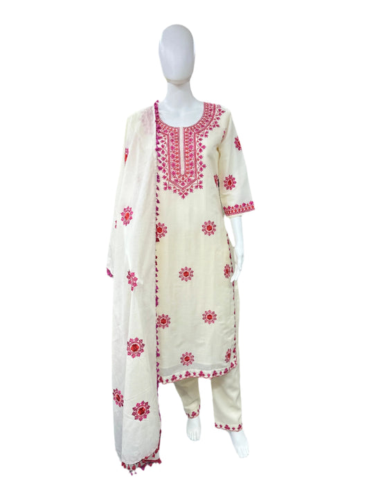 Cotton 3 Piece set - Off White with Embroidery and Lacework