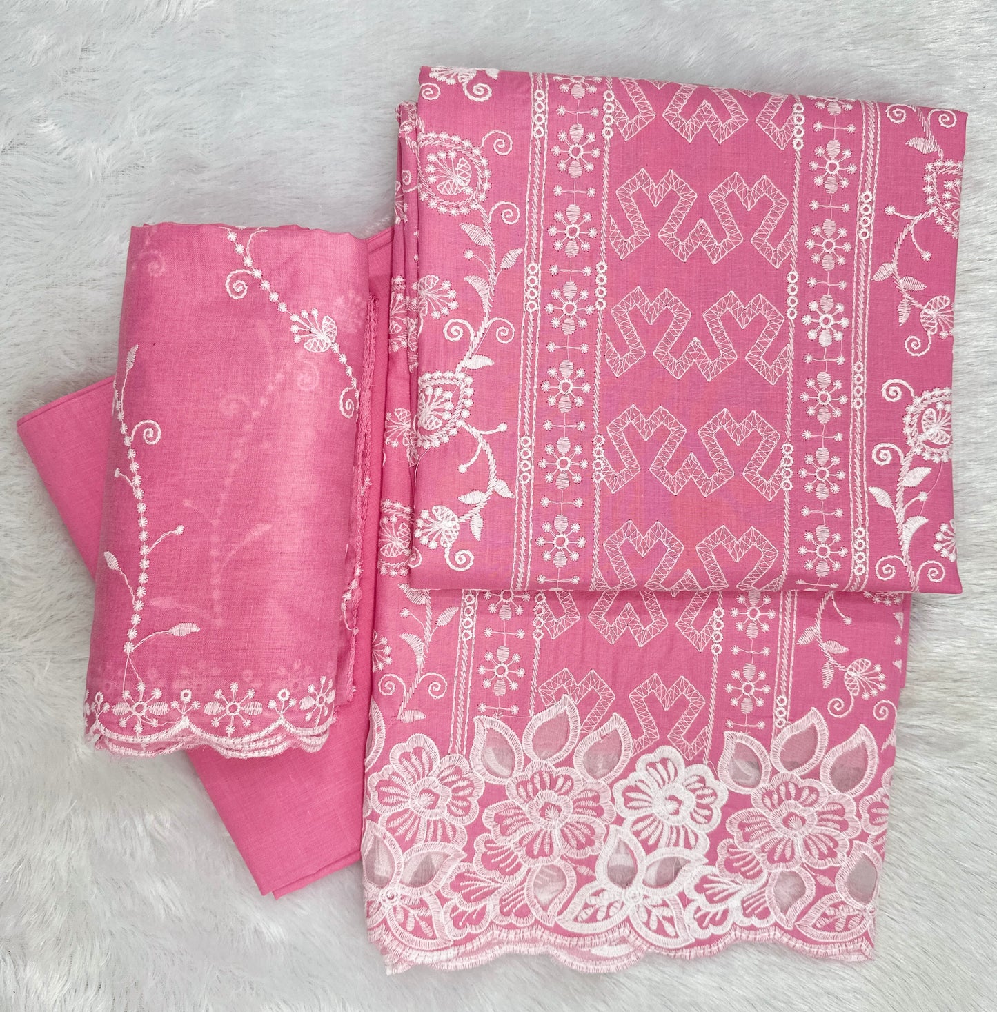 Unstitched Cotton Cambric Fabric with Embroidery and Cutwork