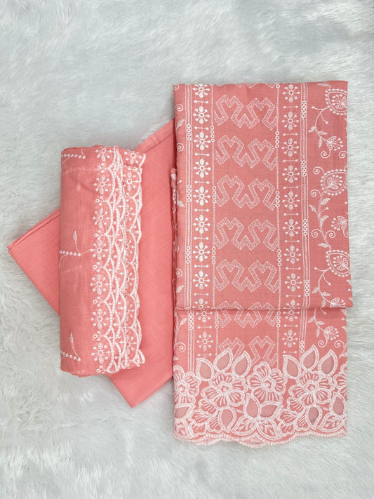 Unstitched Cotton Cambric Fabric with Embroidery and Cutwork