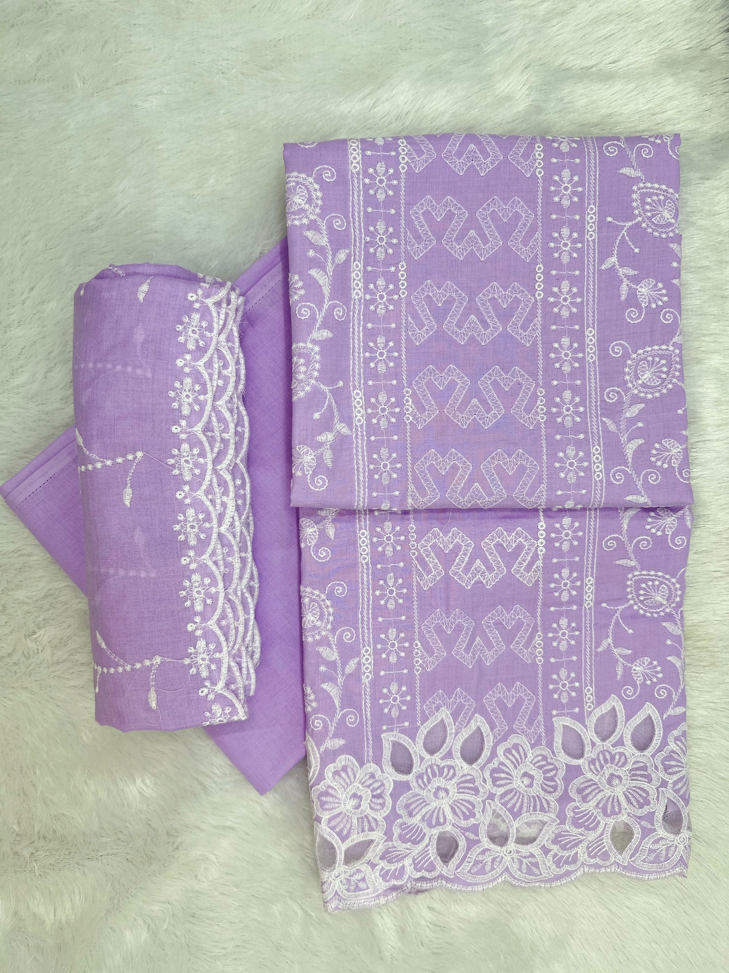 Unstitched Cotton Cambric Fabric with Embroidery and Cutwork