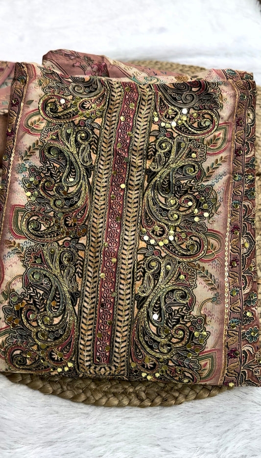 Unstitched Pure Viscose Maslin digital print with Aari & Handwork