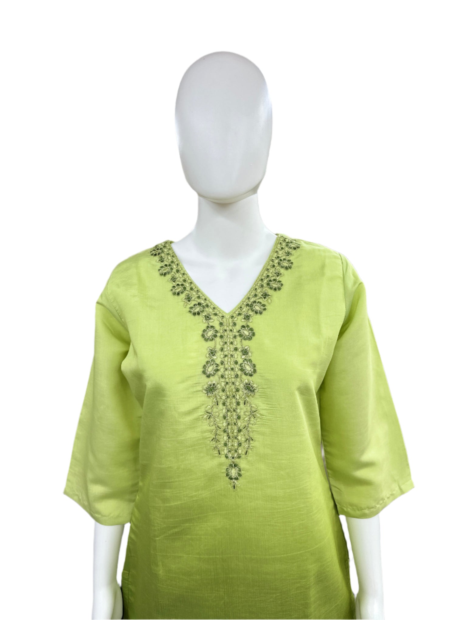 Roman Silk 3-Piece Set with Cotton Lining and Embroidery on Neck - Ombre Light Green