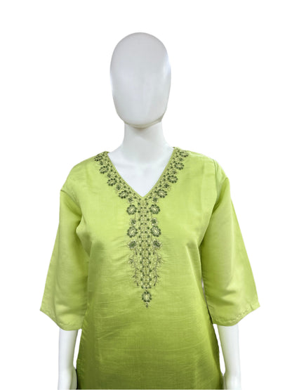 Roman Silk 3-Piece Set with Cotton Lining and Embroidery on Neck - Ombre Light Green