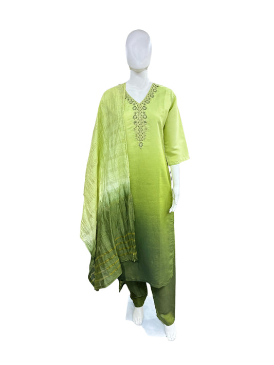 Roman Silk 3-Piece Set with Cotton Lining and Embroidery on Neck - Ombre Light Green