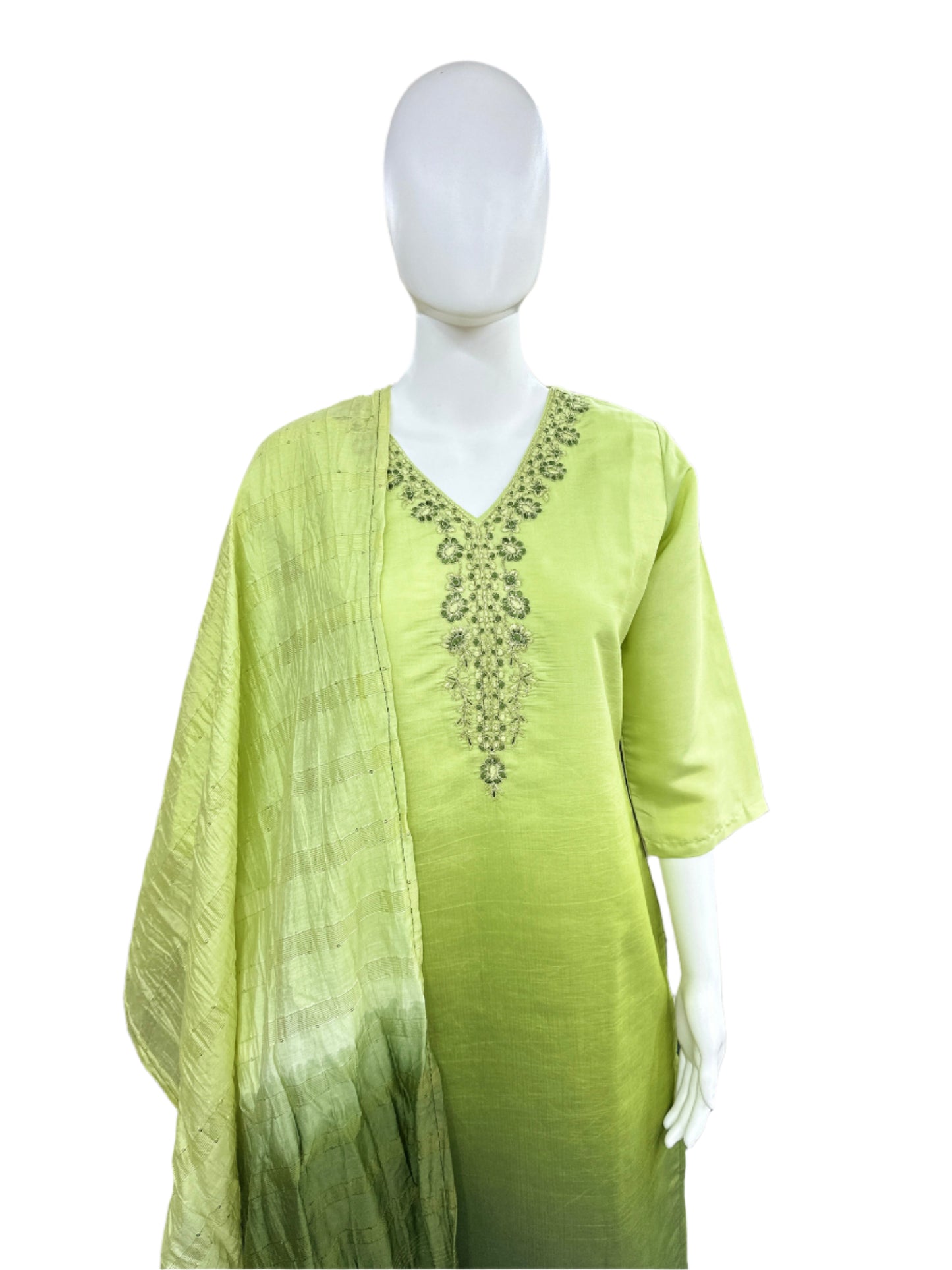 Roman Silk 3-Piece Set with Cotton Lining and Embroidery on Neck - Ombre Light Green