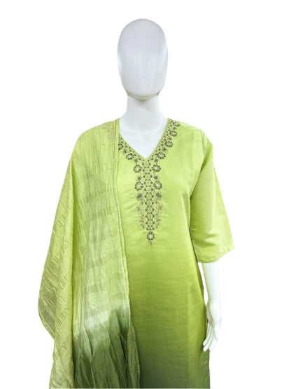 Roman Silk 3-Piece Set with Cotton Lining and Embroidery on Neck - Ombre Light Green