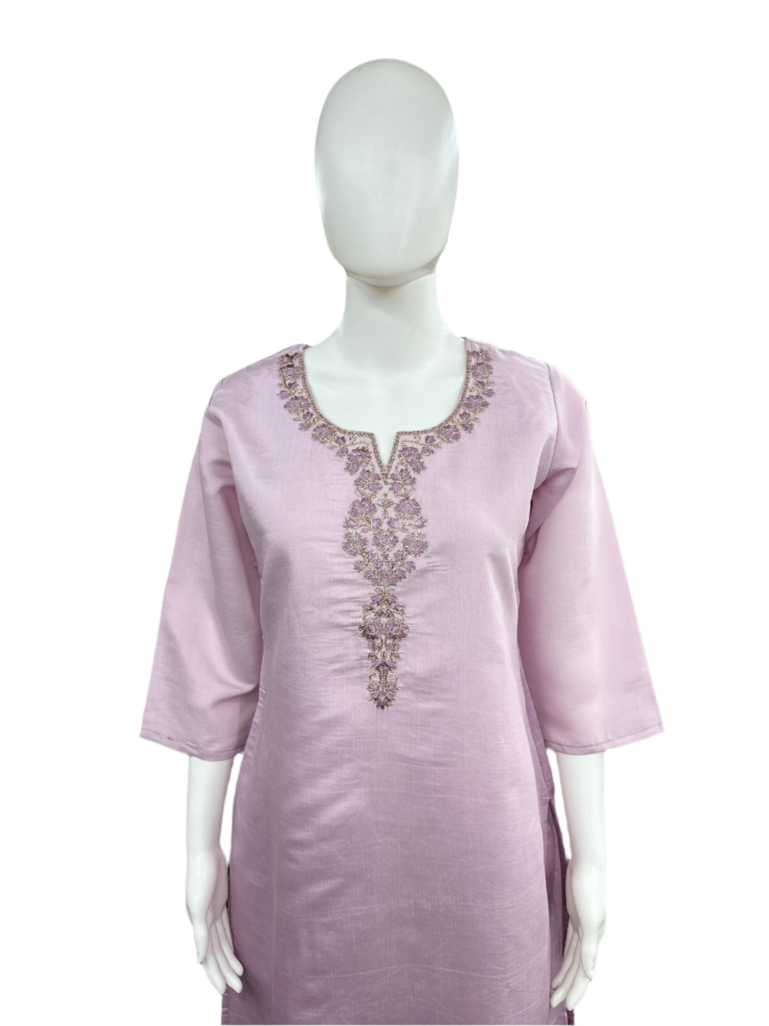 Roman Silk 3-Piece Set with Cotton Lining and Embroidery on Neck - Ombre Lavender