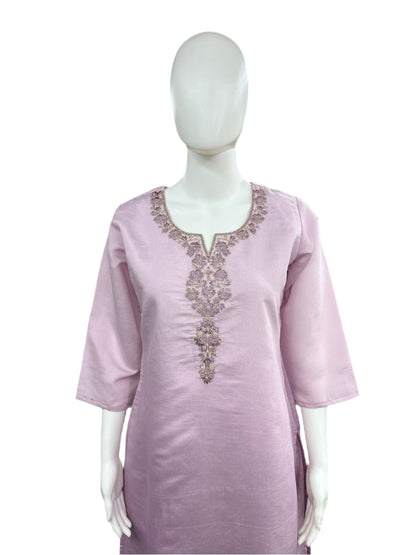 Roman Silk 3-Piece Set with Cotton Lining and Embroidery on Neck - Ombre Lavender