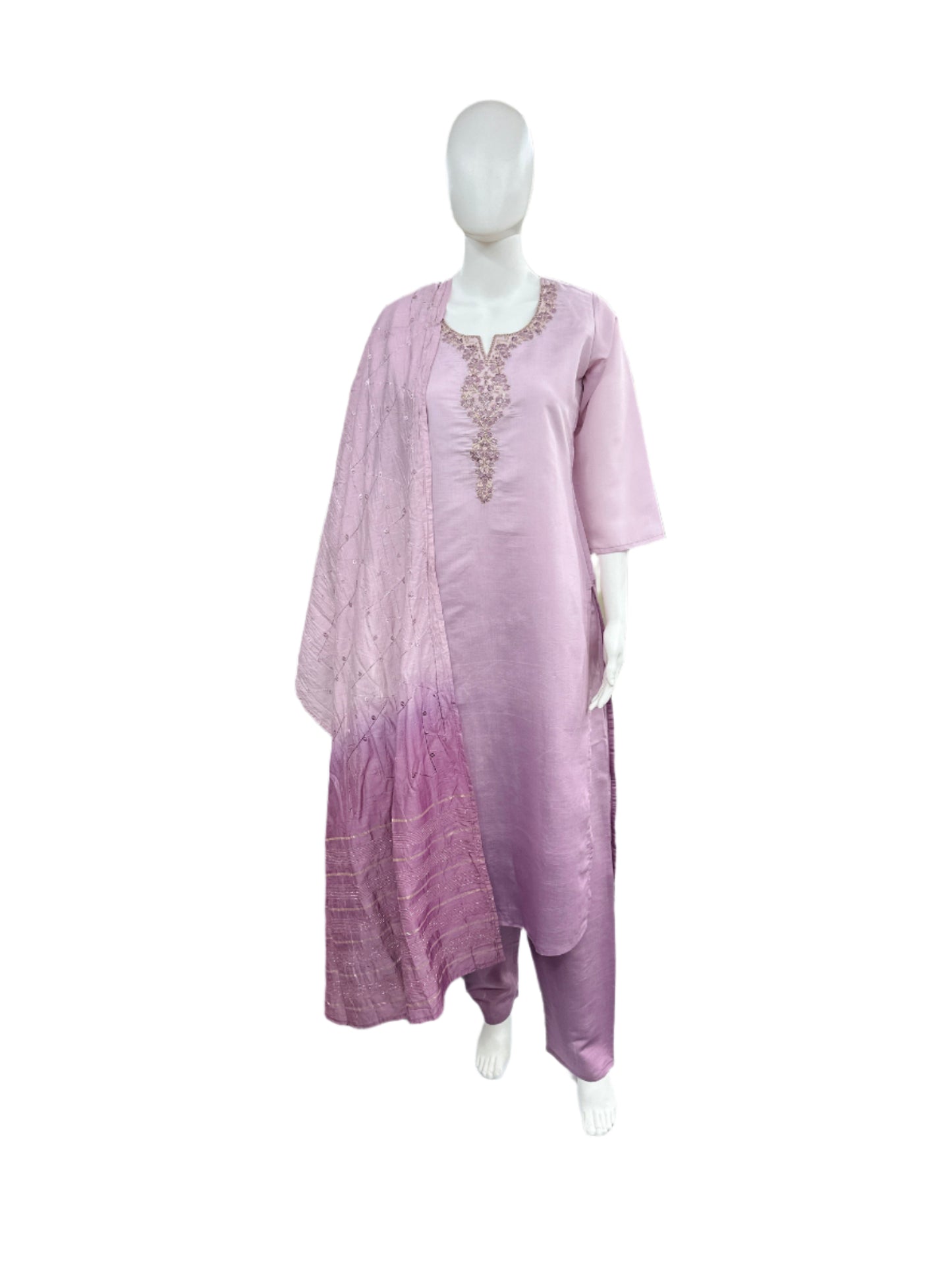 Roman Silk 3-Piece Set with Cotton Lining and Embroidery on Neck - Ombre Lavender