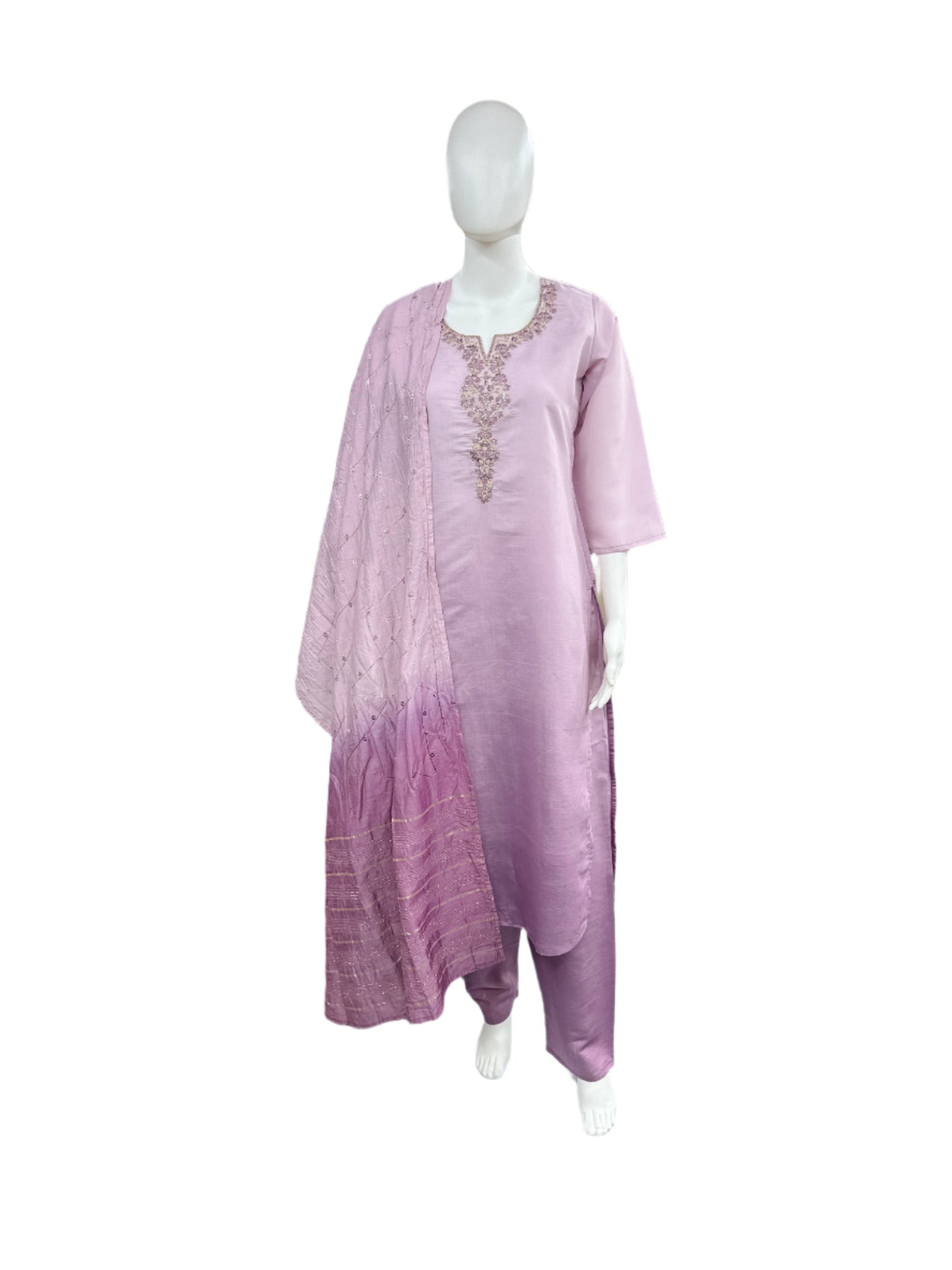 Roman Silk 3-Piece Set with Cotton Lining and Embroidery on Neck - Ombre Lavender