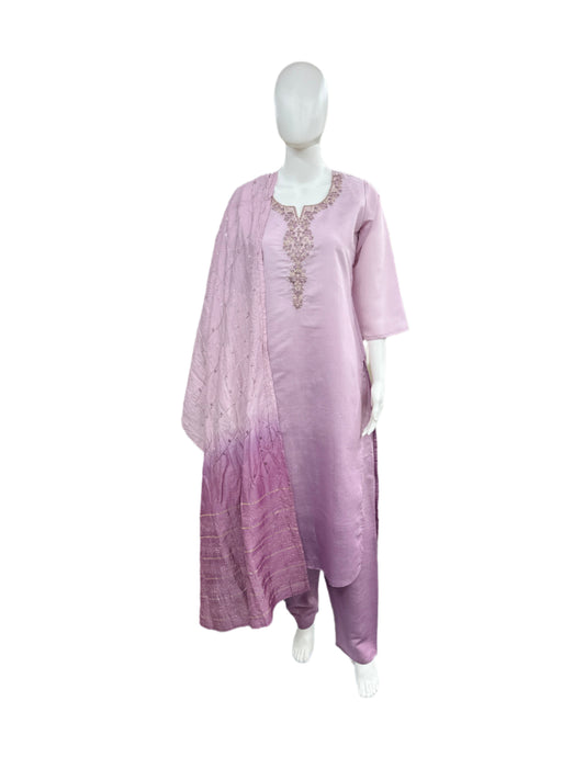 Roman Silk 3-Piece Set with Cotton Lining and Embroidery on Neck - Ombre Lavender
