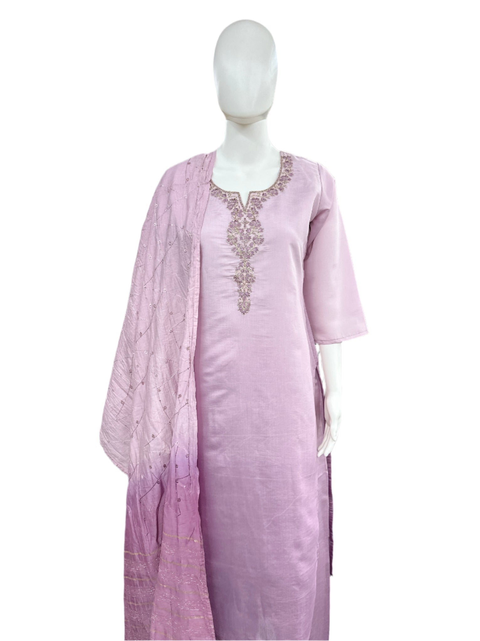 Roman Silk 3-Piece Set with Cotton Lining and Embroidery on Neck - Ombre Lavender