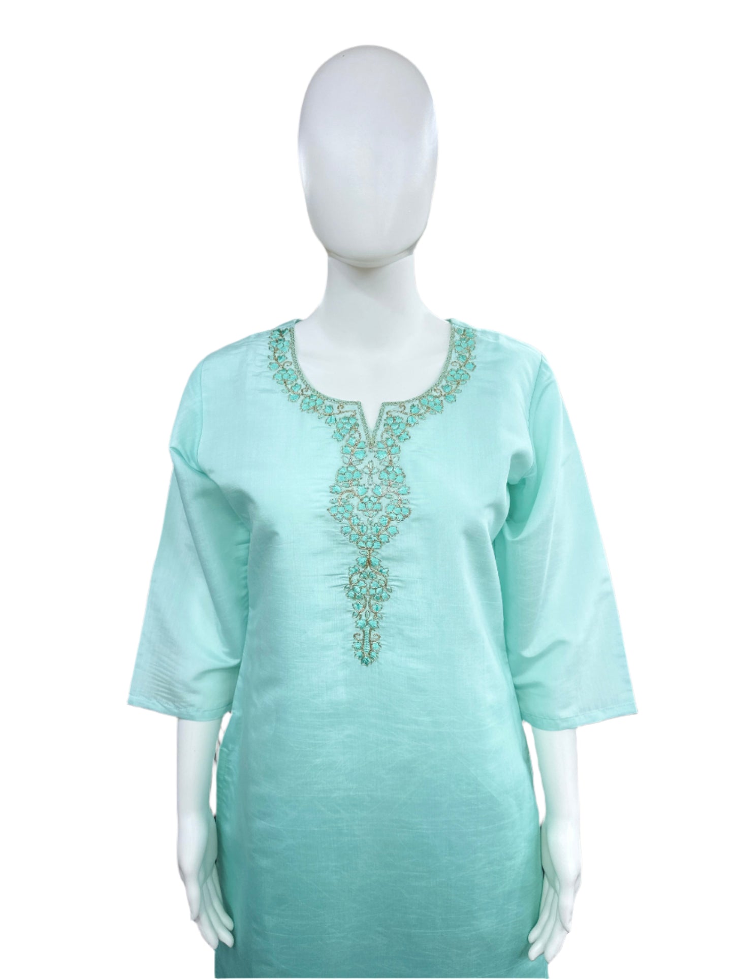 Roman Silk 3-Piece Set with Cotton Lining and Embroidery on Neck - Ombre Sea Blue