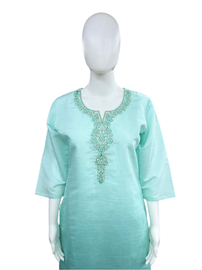 Roman Silk 3-Piece Set with Cotton Lining and Embroidery on Neck - Ombre Sea Blue
