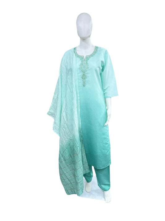 Roman Silk 3-Piece Set with Cotton Lining and Embroidery on Neck - Ombre Sea Blue