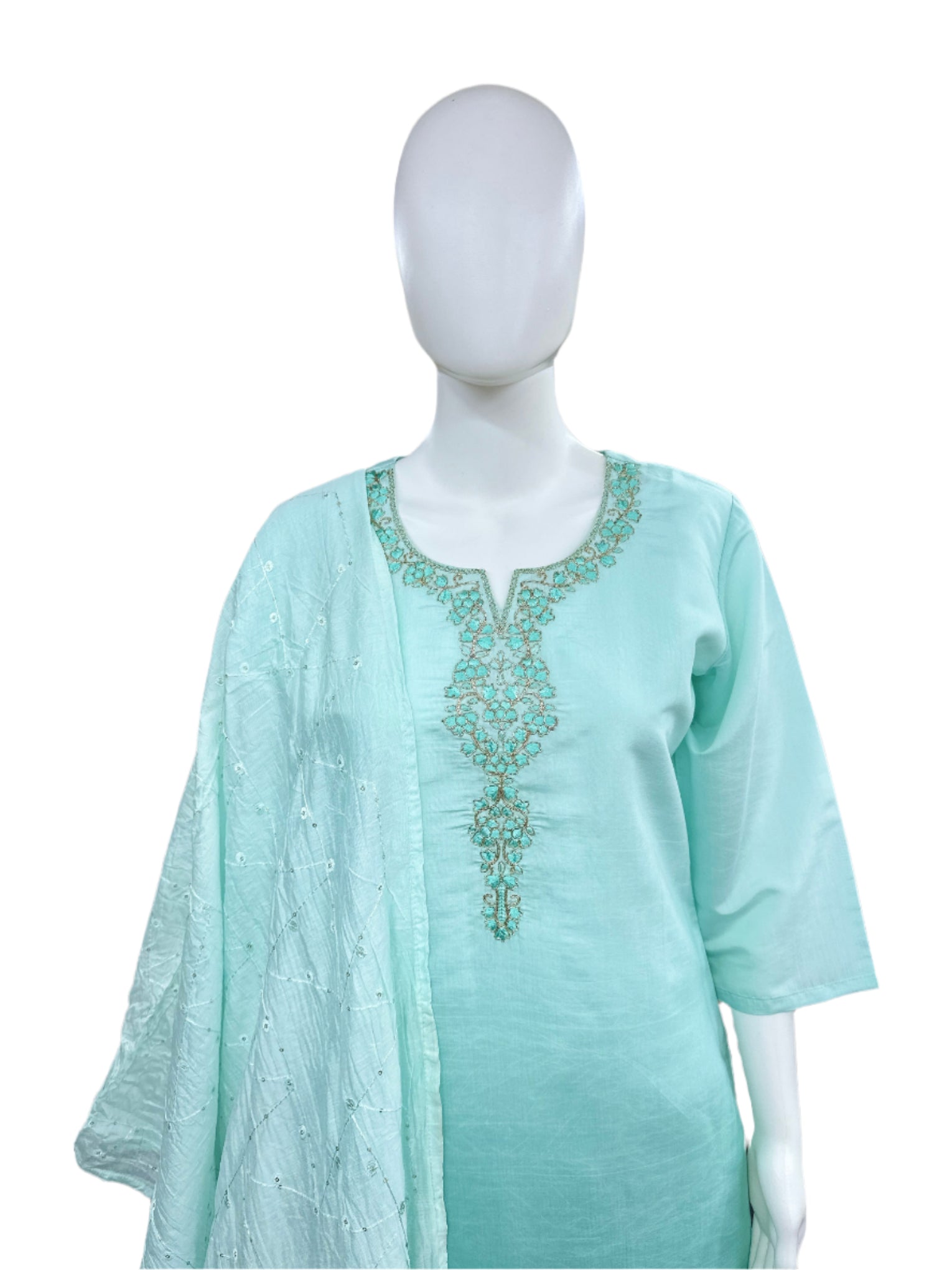 Roman Silk 3-Piece Set with Cotton Lining and Embroidery on Neck - Ombre Sea Blue
