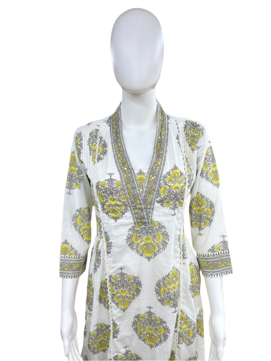 Cotton 3-Piece Set - A-line Top with Embroidery and Front Lining, Pant & Dupatta - White and Lemon