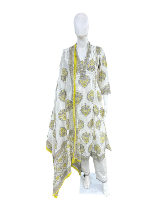Cotton 3-Piece Set - A-line Top with Embroidery and Front Lining, Pant & Dupatta - White and Lemon