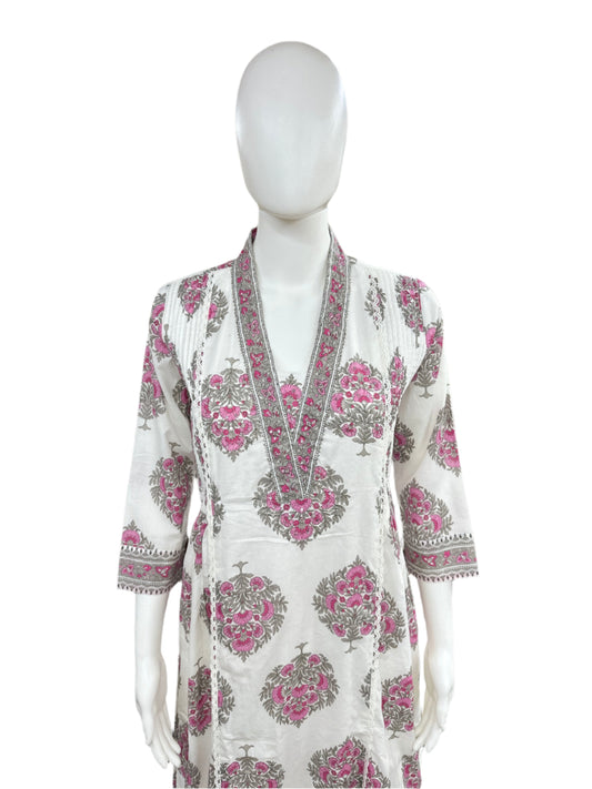 Cotton 3-Piece Set - A-line Top with Embroidery and Front Lining, Pant & Dupatta - White and Pink