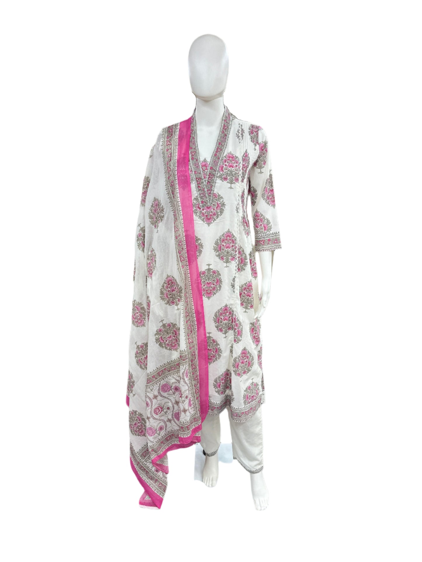 Cotton 3-Piece Set - A-line Top with Embroidery and Front Lining, Pant & Dupatta - White and Pink