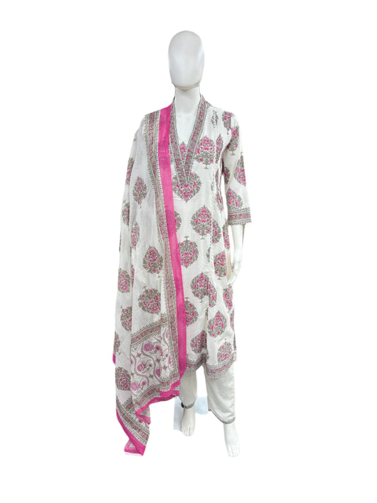 Cotton 3-Piece Set - A-line Top with Embroidery and Front Lining, Pant & Dupatta - White and Pink