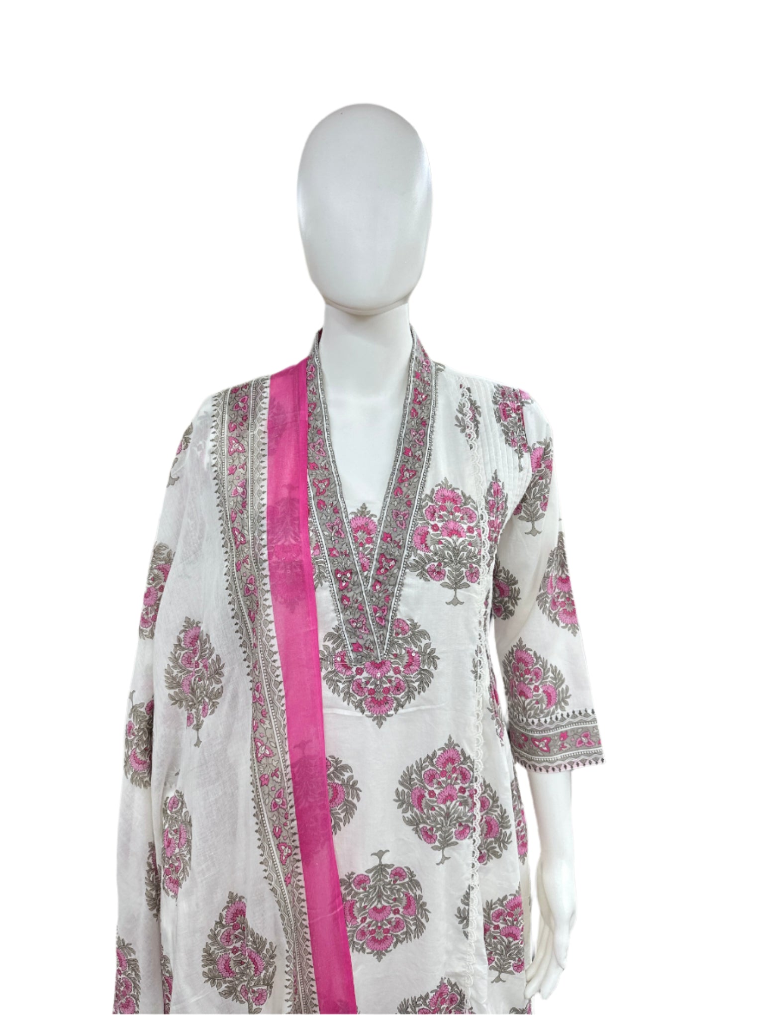 Cotton 3-Piece Set - A-line Top with Embroidery and Front Lining, Pant & Dupatta - White and Pink