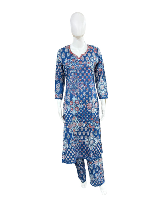 Cotton 2-Piece Ajrakh Print Top and Palazzo with Lacework - Blue