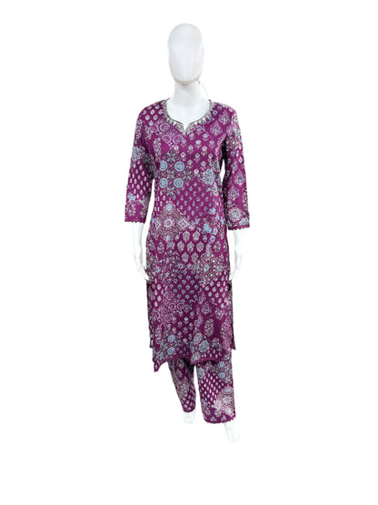 Cotton 2-Piece Ajrakh Print Top and Palazzo with Lacework - Purple