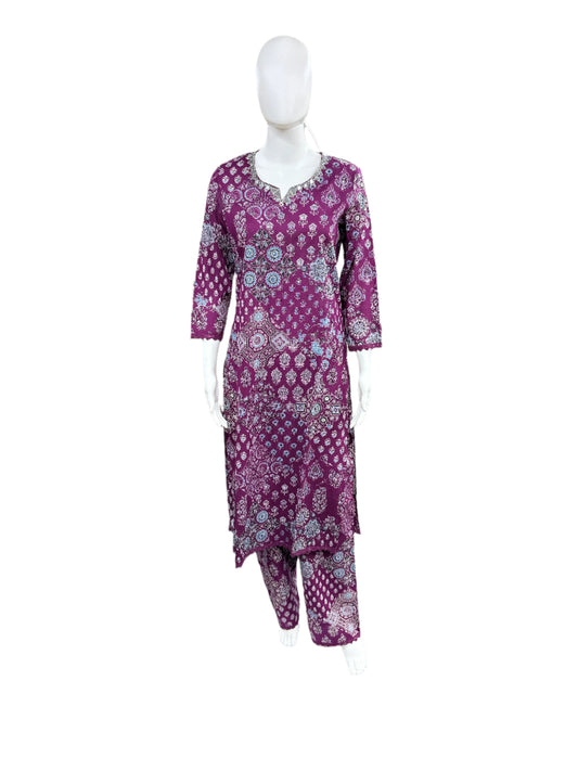 Cotton 2-Piece Ajrakh Print Top and Palazzo with Lacework - Purple