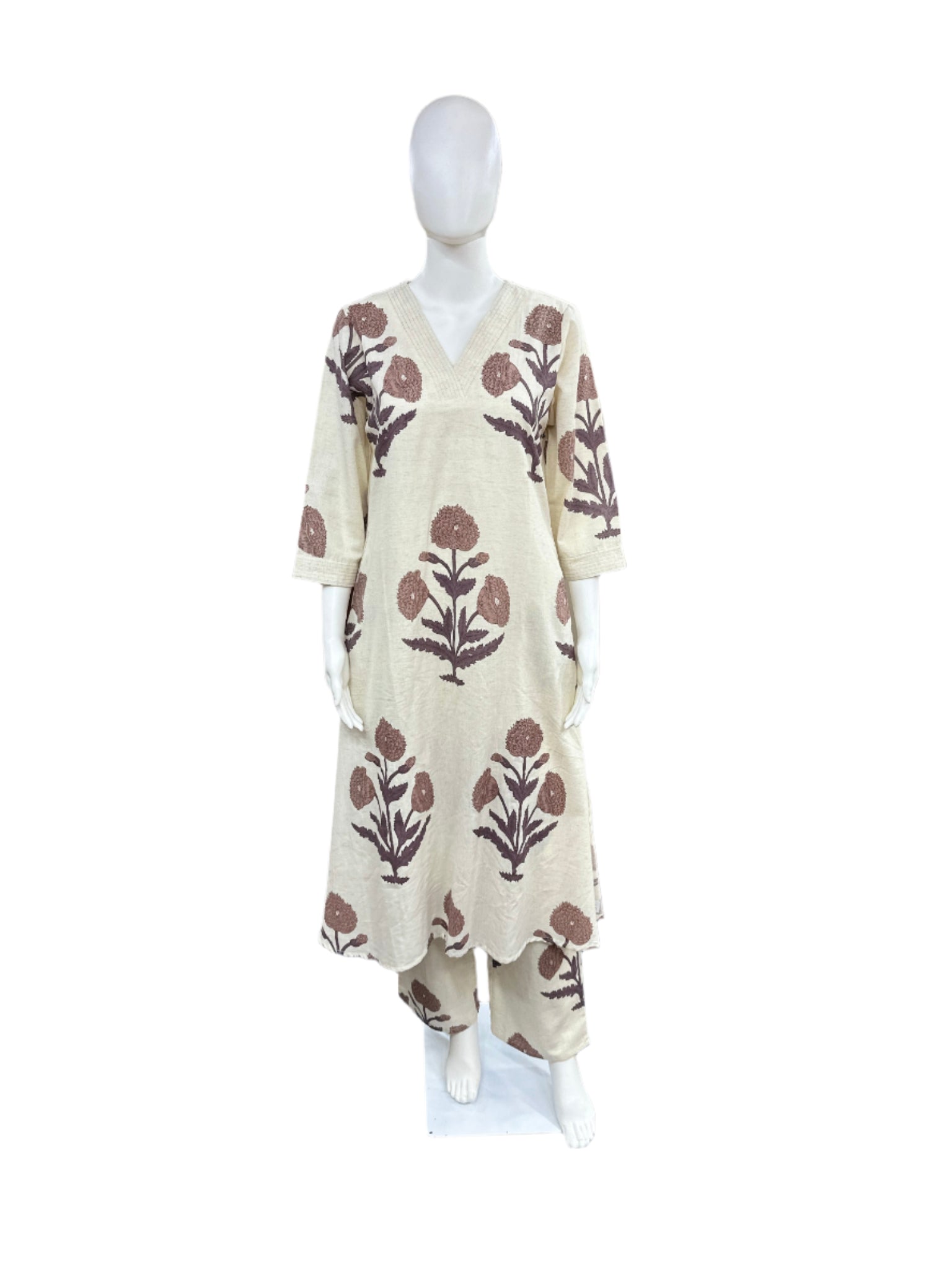 Cotton Linen V-neck Floral Print with Brown Flowers - 2 Piece A-line Top with Palazzo